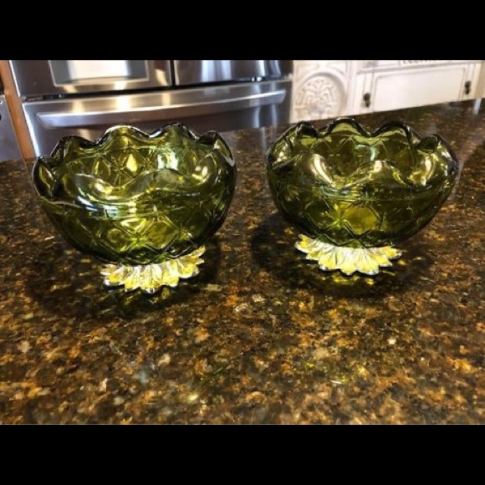 Vintage green scalloped glass pineapple candy bowls (set of 2)